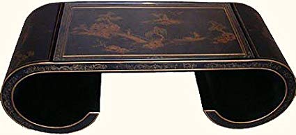 Oriental Coffee Table in Antique Black with scroll legs and a glass top - This hand painted Japanese landscape table is constructed by hand and made of solid wood - 48