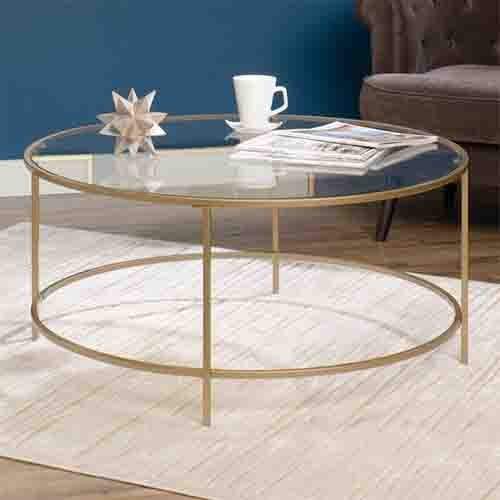 Round International Lux Coffee Table Clear Glass Top and Gold Finish Metal by Sauder