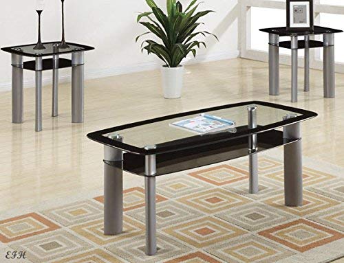 New Modern 3pc Black Tinted Glass & Silver Gray Finish Metal Coffee End Table Set