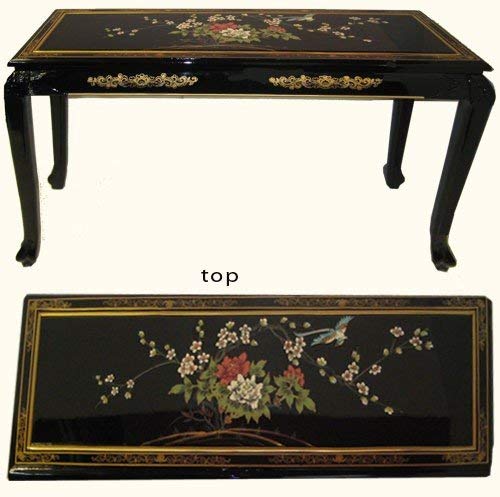 Asian Black Lacquer Sofa Table with Ball and Claw Feet. Hand Painted with Glass Top - 44