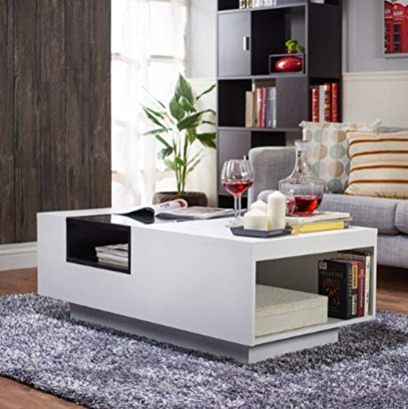 ModHaus Living Modern Wood Tempered Glass Top Accent Coffee Table with Black Finished Shelf - Includes Pen