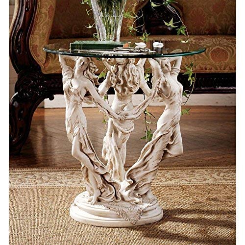 Design Toscano KY4621 The Greek Muses Glass Topped Side Table, 20 Inch, Antique Stone