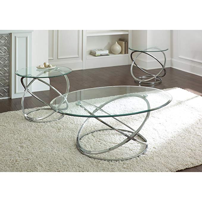 Steve Silver Orion Oval Chrome and Glass Coffee Table Set