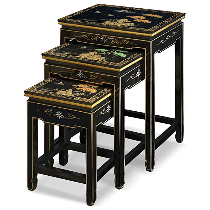 China Furniture Online Black Lacquer Nesting Table, Hand Painted Chinese Mountain Landscape Set of 3 Table