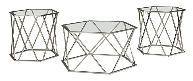 Ashley Furniture Signature Design - Madanere Contemporary 3-Piece Table Set - Includes Cocktail Table & Two End Tables - Chrome Finish