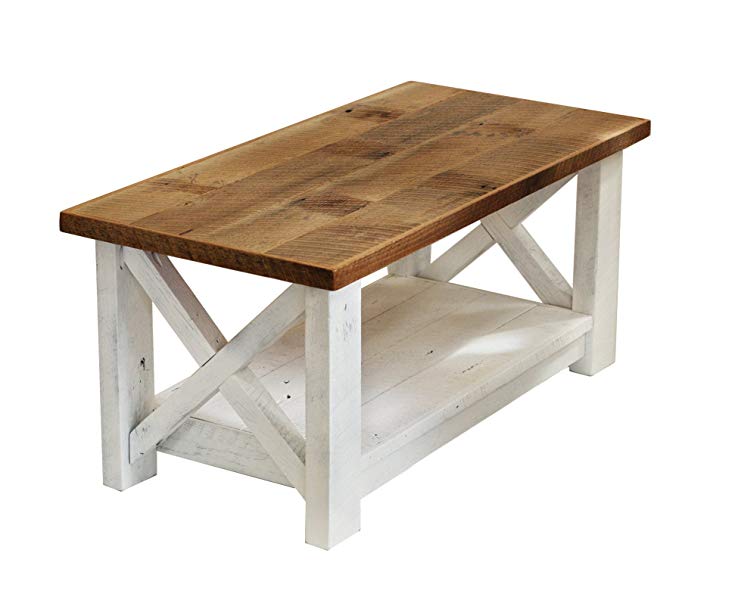 Farmhouse coffee table with White Base X made from reclaimed wood