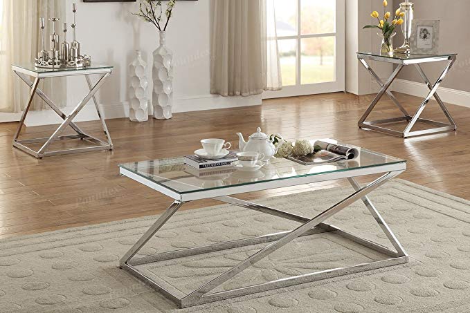 3PCS Modern Coffee End Set with bright silver chromed finished  frame supports the clear tempered glass tabletops