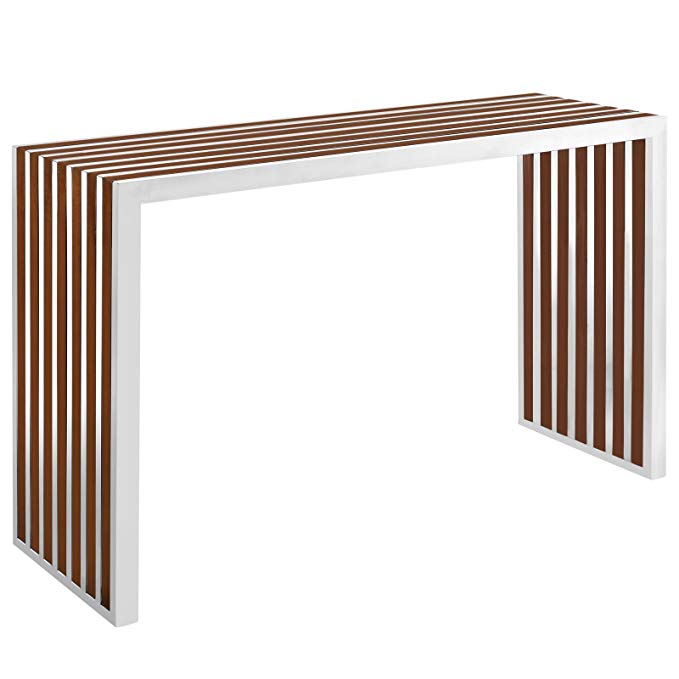 Modway Gridiron Contemporary Modern Stainless Steel Console Table With Wood Inlay