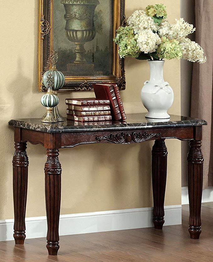 Brampton classic styling espresso finish wood sofa console entry table with faux marble top