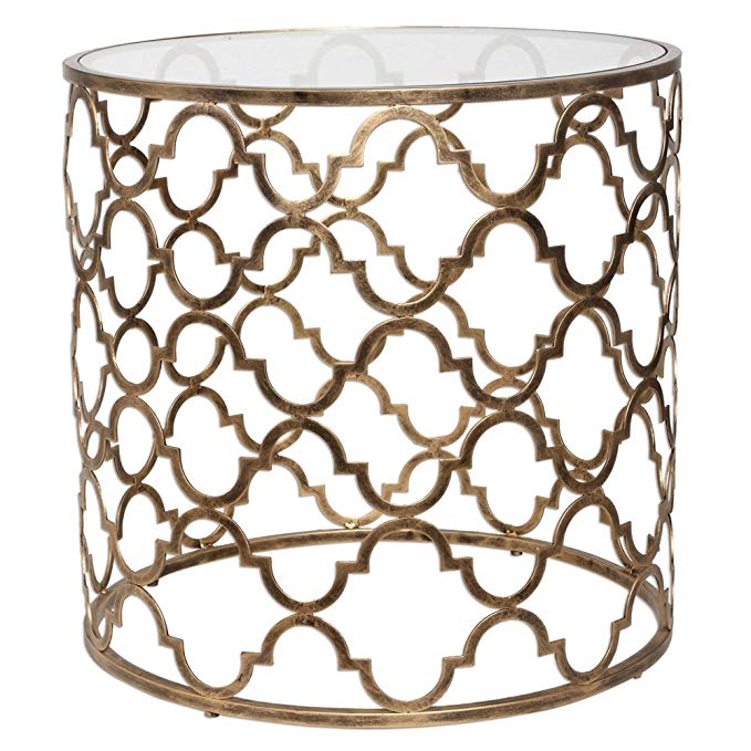 Open Gold Iron Quatrefoil Accent End Table | Lattice Arabesque Metal