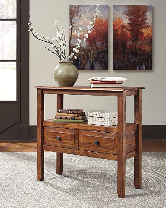 Ashley Furniture Signature Design - Abbonto Accent Table w/ 2 Drawers - Warm Brown Finish - Dark Pewter Handles