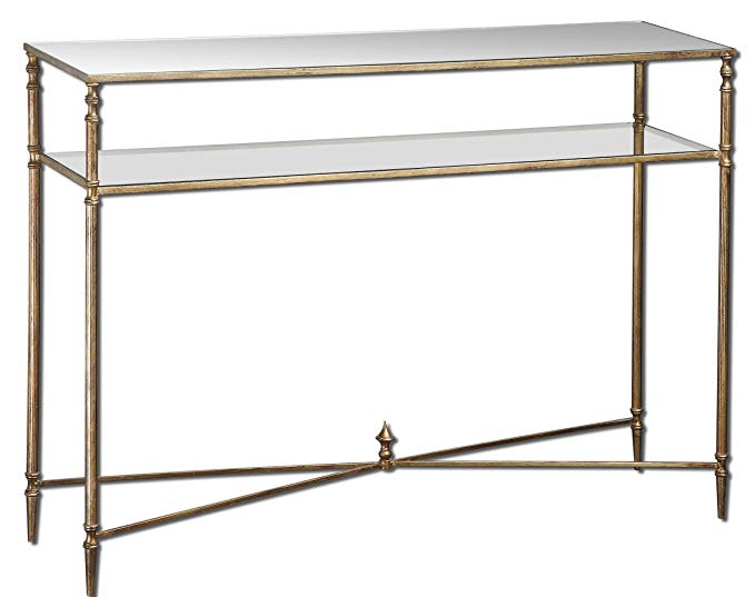 Uttermost Henzler Mirrored Glass Console Table with Antiqued Gold Leaf, Forged Iron