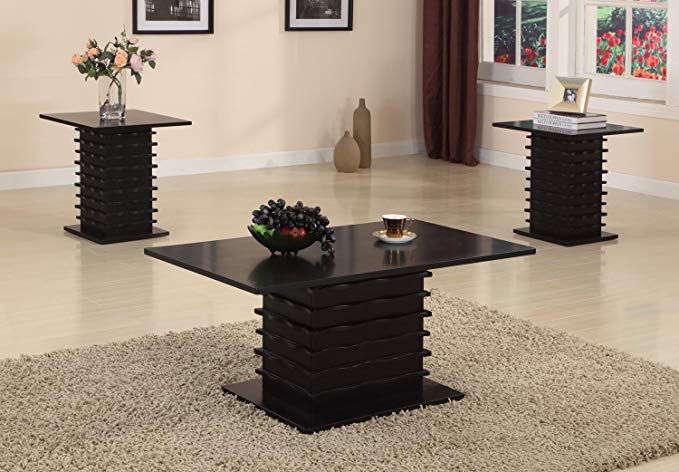 Kings Brand Furniture Black Wood Finish Wave Design Occasional Table Set Coffee Table & 2 End Tables