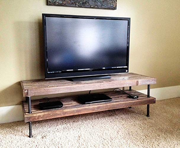 Vintage and Modern Mosaic Table - TV Stand - Media Center - Console Table - Reclaimed Rustic Wood with Steel Pipe Legs