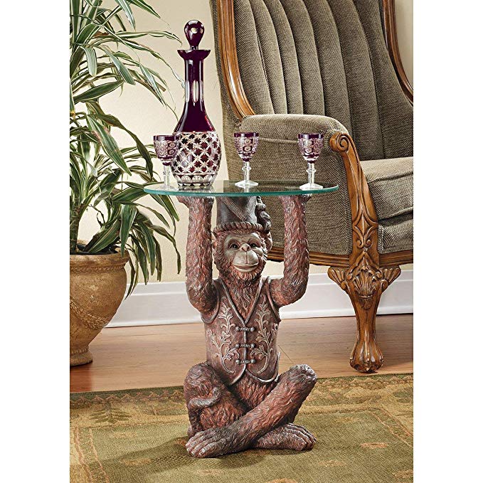 Design Toscano Exotic Decor Moroccan Monkey Business Glass Topped Side Table, 21 Inch, Polyresin, Full Color