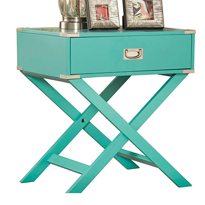 ModHaus Living ModHaus Teal Green Accent Table with Drawer | Modern Rectangular Shaped with X Base| Wood Finish Includes (TM) Pen