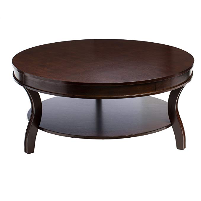 ModHaus Living Contemporary Style Round Shaped Wooden Top Cocktail Coffee Table with Bottom Shelf | Espresso Finish, Living Room Decor - Includes Pen