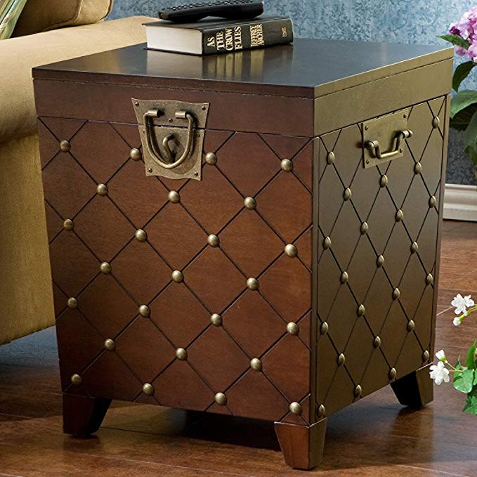 Calvert End Table in Deep Espresso Stain Finish-square,home Furniture Decor for Living Room Bedroom with Storage Space, Antique Gold Nail Heads,ideal for Pillows, Blankets and Other Household Necessities,1 Year Limited Manufacture