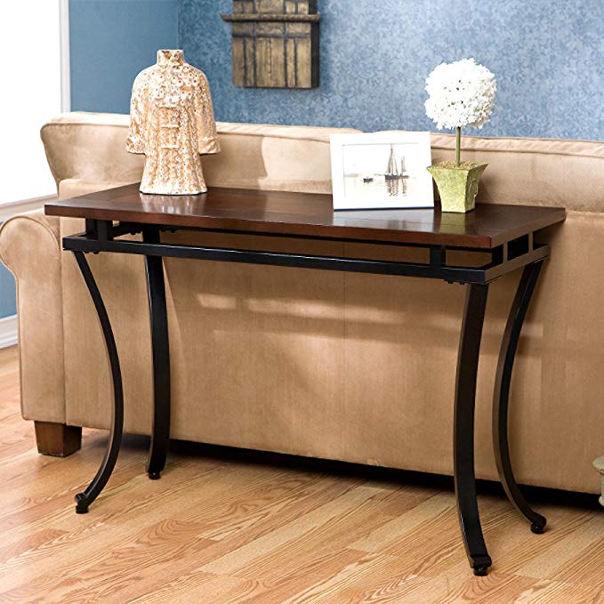 Accent Sofa Table , Black Metal with Espresso Finish Wood Top