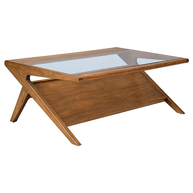 ModHaus Living Mid Century Modern Retro Wood Coffee Occassional Table with Integrated Magazine Display Shelf and Tempered Glass Top in Pecan Finish (Coffee Table)