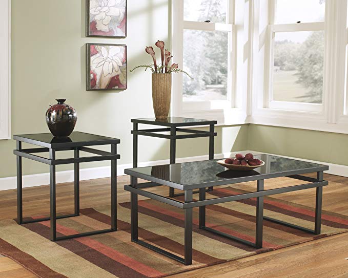 Lane 3pc Black Metal and Glass Coffee End Table Set