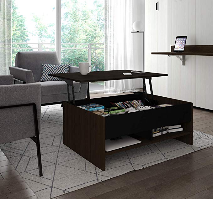 Bestar Small Space Lift-Top Coffee Table in Dark Chocolate and Black