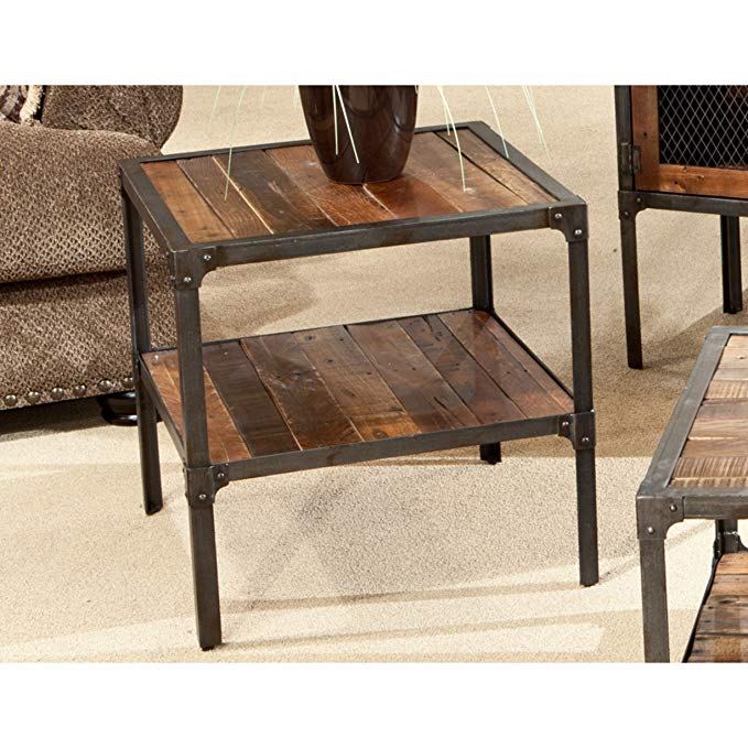 Emerald Home Laramie Medium Brown End Table with Solid Wood Top, Open Shelving, And Metal Frame