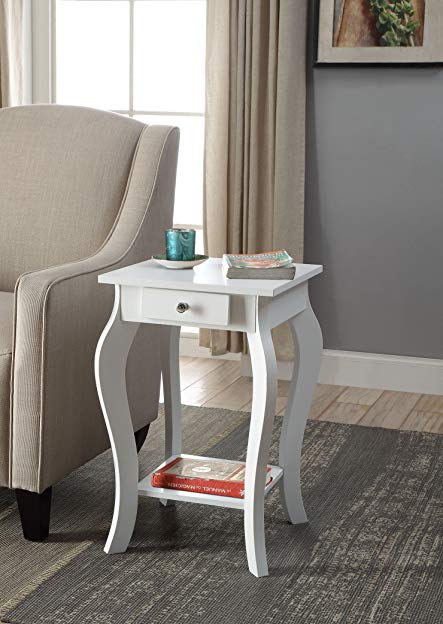 White Finish Curved Legs Accent Side End Table / Nighstand with Bottom Shelf and Drawer