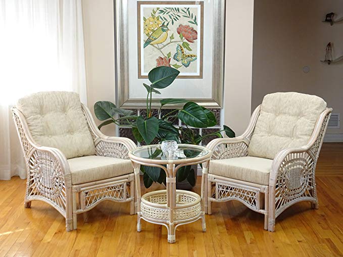 Malibu Rattan Wicker Living Room Set 3 Pieces White Wash Coffee Table 2 Lounge Chairs w/cream cushions