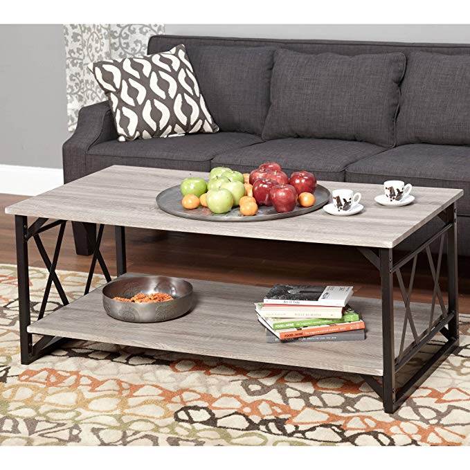 Coffee Table. This piece of living room furniture brings stability and is attractive. This decor is contemporary, rustic and sophisticated. Provides storage shelf and metal frame. Perfect end table, gray wood decoration. Beautiful home guaranteed.