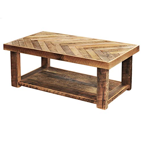 Reclaimed wood herringbone coffee table with bottom shelf