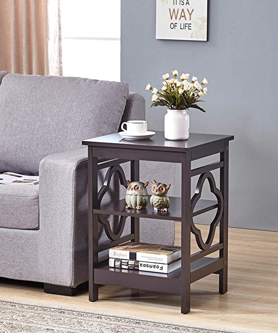 Espresso Finish Wooden Quatrefoil Design Chair Side End Table with 3-tier Shelf