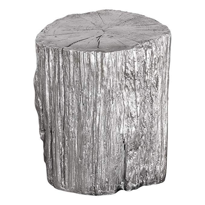 Elegant Silver Tree Stump Accent Table | Pedestal Round Faux Bois Trunk Naturalist