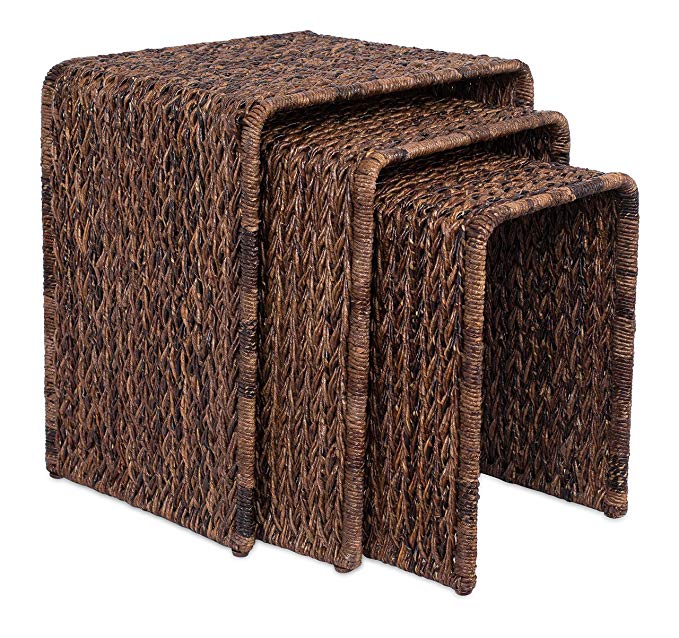 BirdRock Home 3 PC Abaca Nesting Tables | Espresso Bed Sofa Snack End Table | Accent Side Table | Living Room | Hand-Woven