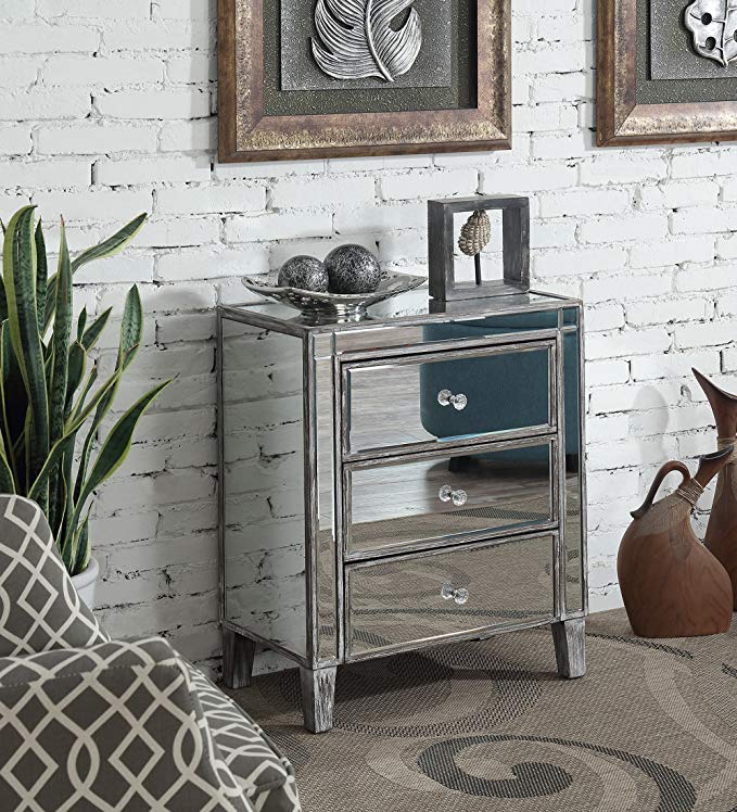 Convenience Concepts 413859WGY Gold Coast 3 Drawer Mirrored End Table 3, Weathered Gray / Mirror