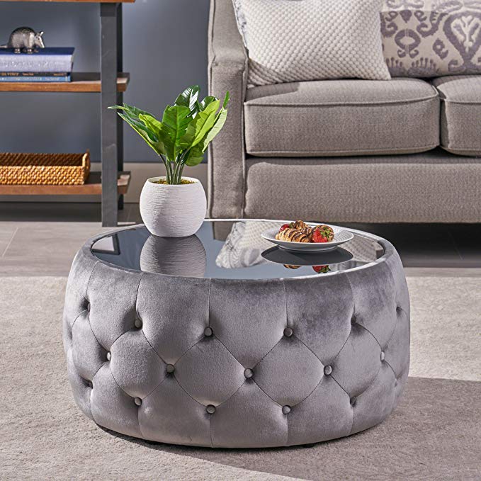 Ivy Glam Velvet Tempered Glass Coffee Table Ottoman, Smoke