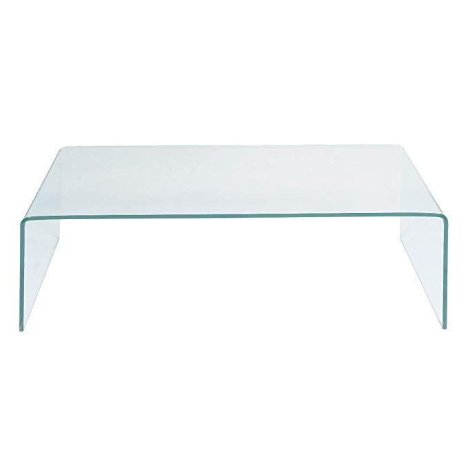 TANGKULA Glass Coffee Table Modern Home Office Furniture Clear Tempered Glass End Table International Occasion Tea Table Waterfall Table with Rounded Edges