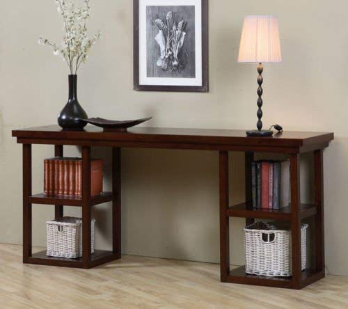 Walnut Cherry Ladder Console Table. The ladder console table features a solid rubberwood frame with a nice walnut cherry finish. It has a modern ladder design with four open shelves.