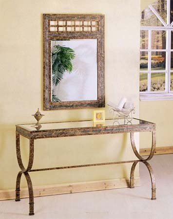 2pc Entry Way Console Table & Mirror Set Brown Metal Frame