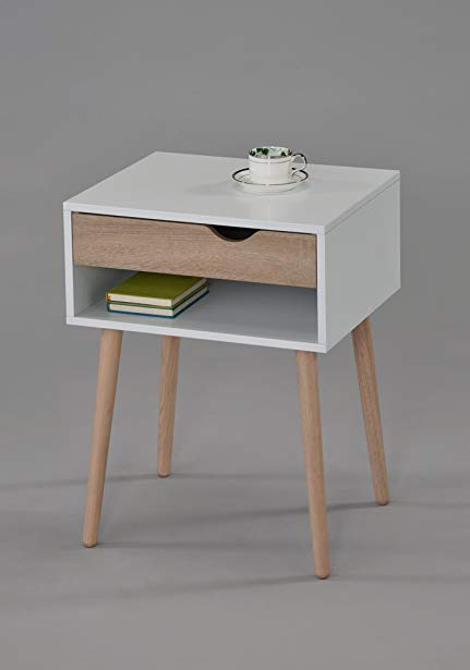 White Finish Sonoma Oak Nightstand Side End Table with Drawer and Open Shelf Storage - Mid-Century Style