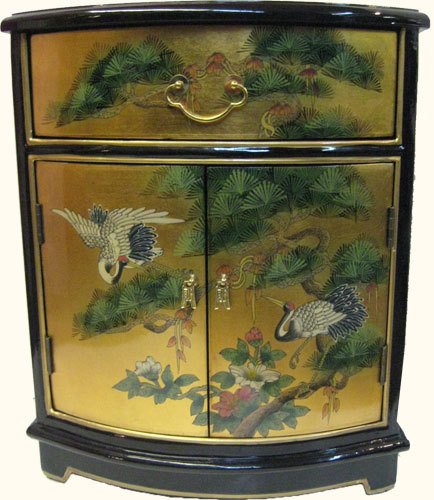 Oriental End Table Painted Cranes and Gold Leaf.