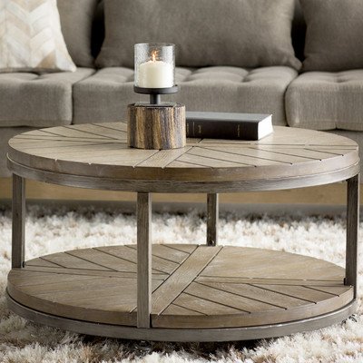 Drossett Wood & Iron Design Round Coffee Table with Casters in Light Mahogany