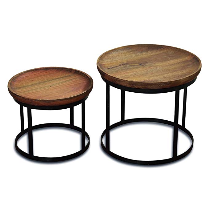 The Urban Chic Tribeca Tables, Set of 2 Round Accent Tables, Late 20th Century Design, Sustainable Wood, Iron Frame, 20 7/8 D x 17 5/7 H and 16 7/8 D x 13 3/4 H Inches By Whole house Worlds