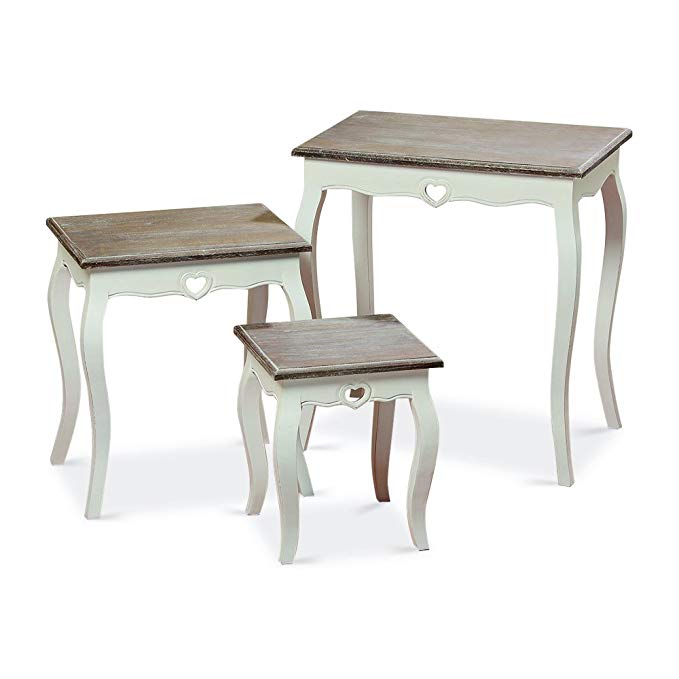 Whole House Worlds The French Country Style Side Tables, Set of 3, Nesting, Shabby Chic Distressed Finish, White, Wood, Dark Top, from Over 2 Ft Tall (25 1/2-12 1/2 Inches)