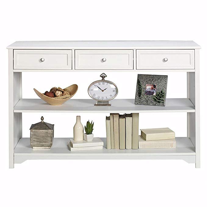 Oxford 47 Inch White Three Drawer and Open Shelf Console Table, THREE-DRAWER, WHITE