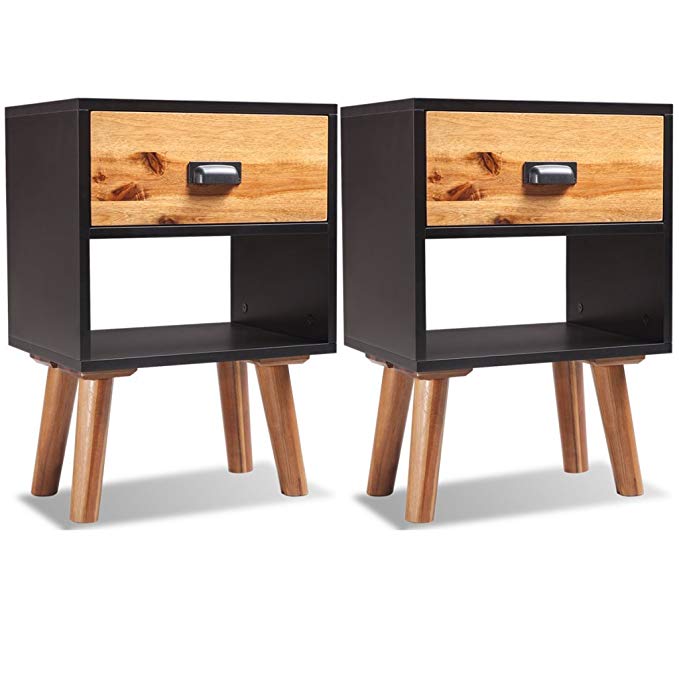 Festnight Set of 2 Acacia Wood Bedside Cabinet Nightstand with a Drawer, 15.7