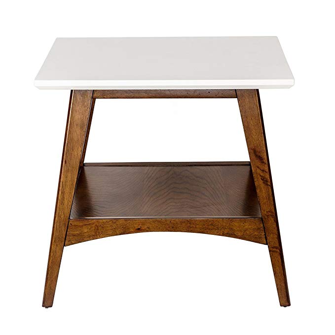 Mid Century Modern Accent End Side Table in White and Pecan Wood Finish