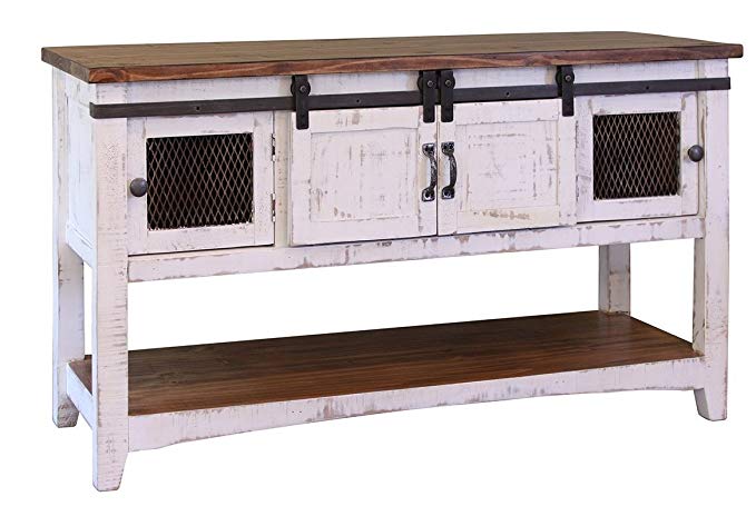 Greenview White Solid Pine Sofa Table, Two Sliding Doors