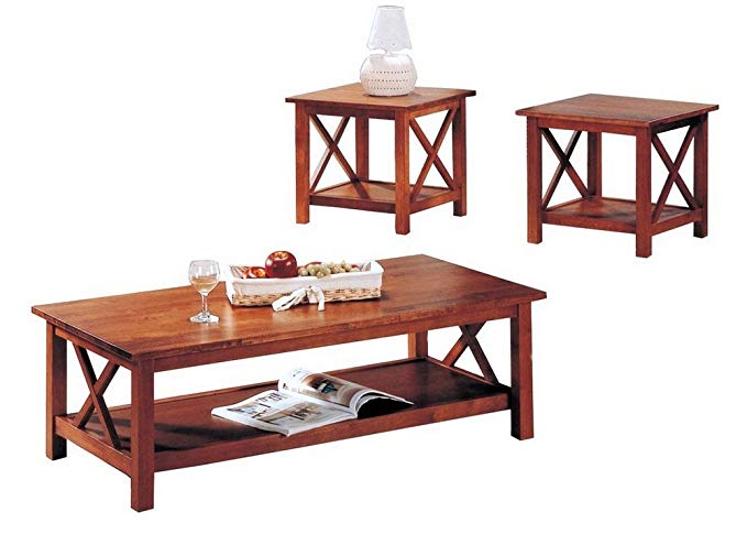 3pcs Cross Design Brown Finish Coffee & End Table Set