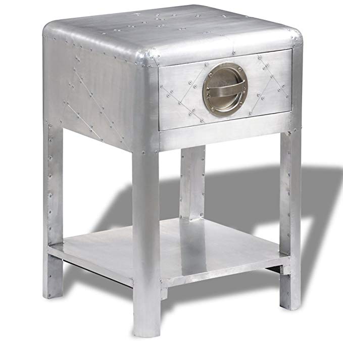 Festnight End Side Table Aluminum Bedside Nightstand with Storage Drawers and Shelf Aviator Aircraft Airman Style Living Room Home Office Furniture Silver 15.7